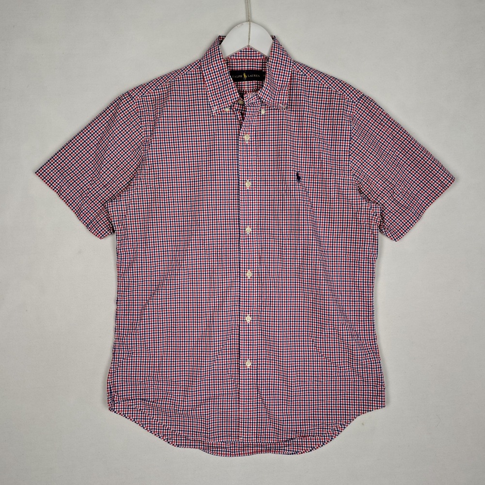 Ralph Lauren Micro-Check Short Sleeve Button Down Shirt Red Blue White M